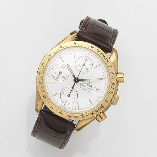 Omega. An 18ct gold automatic calendar chronograph wristwatch