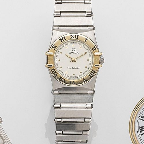Omega. A lady's stainless steel and gold quartz bracelet watch