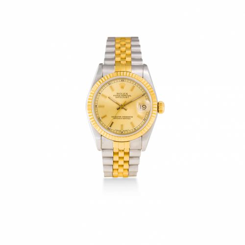 Rolex. A lady's stainless steel and gold automatic calendar bracelet watch