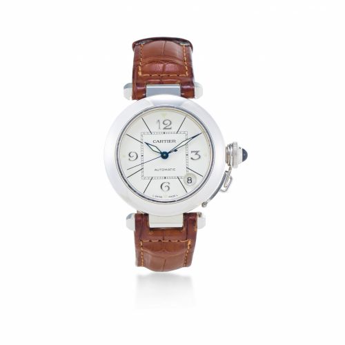 Cartier. A fine 18K white gold automatic center seconds wristwatch with date