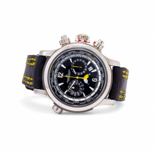 Jaeger LeCoultre. A fine platinum and titanium automatic limited edition chronograph wristwatch with world time and calendar