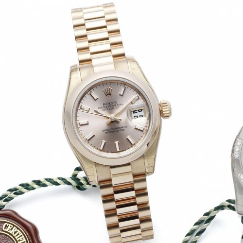 Rolex. A lady's 18ct rose gold automatic calendar bracelet watch