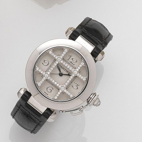 Cartier. A lady's 18ct white gold and diamond set automatic wristwatch