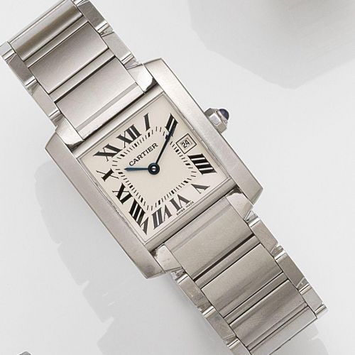 Cartier. A midsize stainless steel quartz calendar bracelet watch