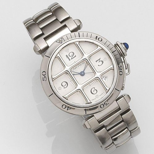 Cartier. A stainless steel automatic calendar bracelet watch