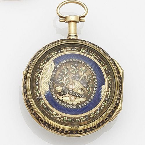 Isaac Soret Fils. A continental gold enamel and diamond set key wind repeating pair case pocket watch