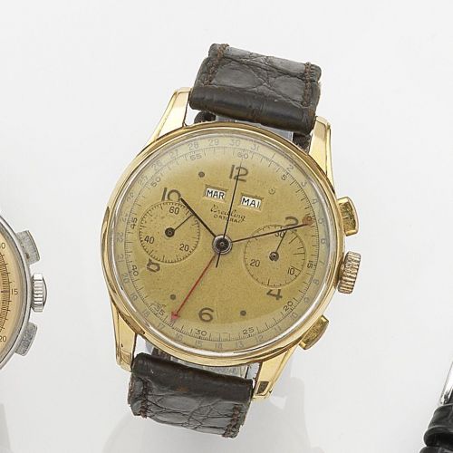 Breitling. An 18ct gold manual wind calendar chronograph wristwatch