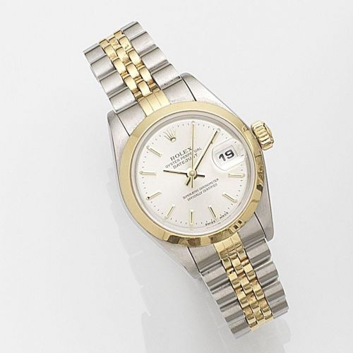 Rolex. A lady's stainless steel and gold automatic calendar bracelet watch