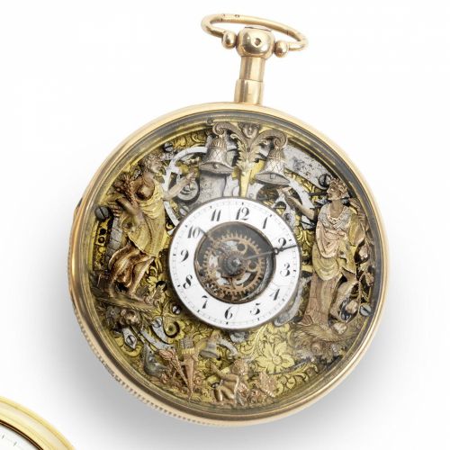 Dubois Frères. A Continental gold key wind open face jacquemart automaton quarter repeating pocket watch