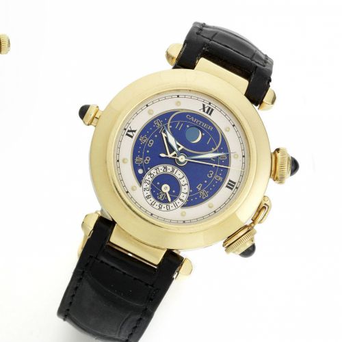 Cartier. An 18ct gold quartz calendar wristwatch with alarm and moon phase