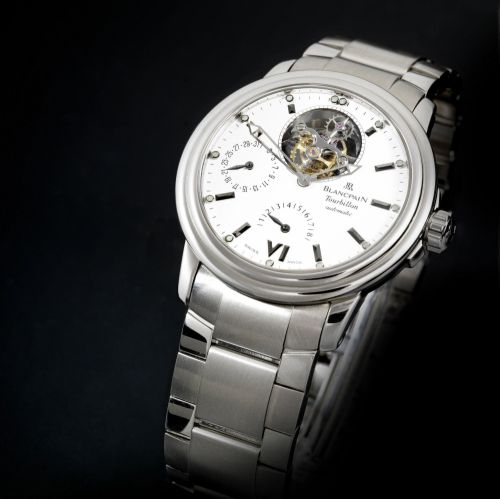 Blancpain. A fine stainless steel automatic tourbillon calendar bracelet watch with 8 day power reserve