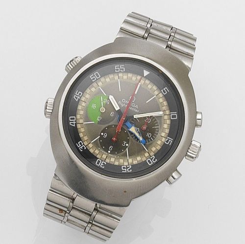 Omega. A stainless steel manual wind chronograph bracelet watch with second time zone
