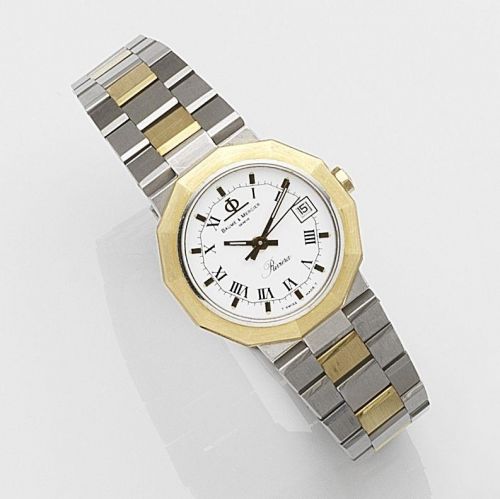 Baume Mercier. A lady's stainless steel and gold quartz calendar bracelet watch