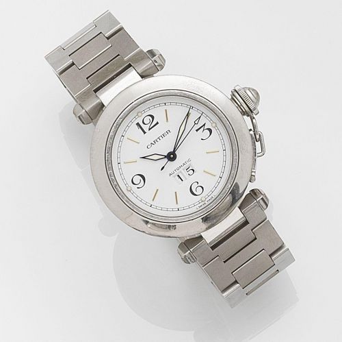 Cartier. A stainless steel automatic calendar bracelet watch