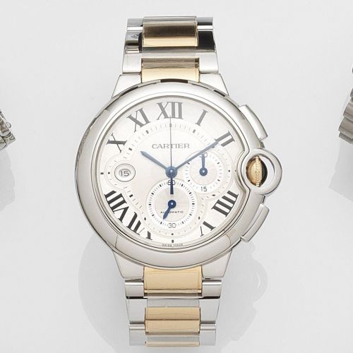 Cartier. A stainless steel and gold automatic calendar chronograph bracelet watch