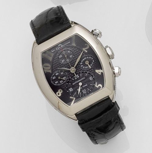 Van Der Bauwede. An 18k white gold automatic calendar chronograph wristwatch with dual time zone