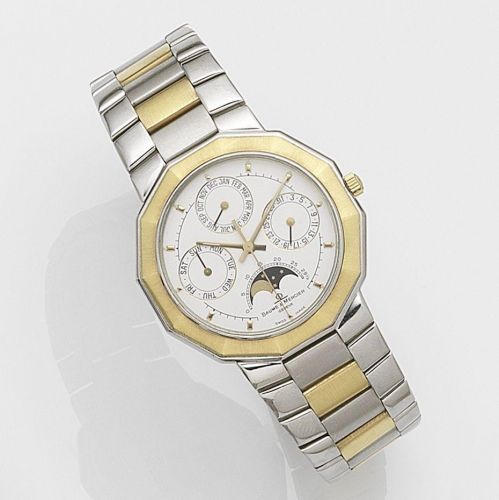 Baume Mercier. A stainless steel and gold quartz calendar bracelet watch with moon phase