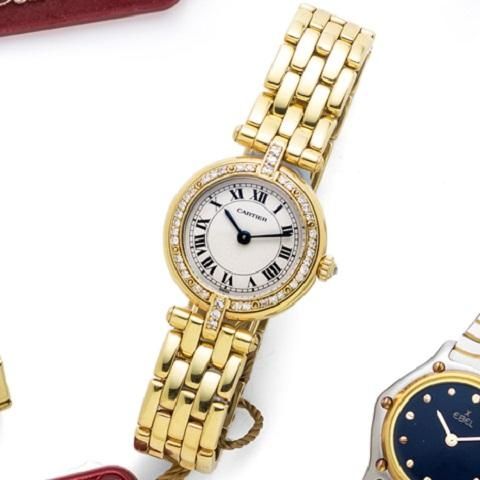 Cartier. A lady's 18K gold and diamond set quartz bracelet watch with box and papers