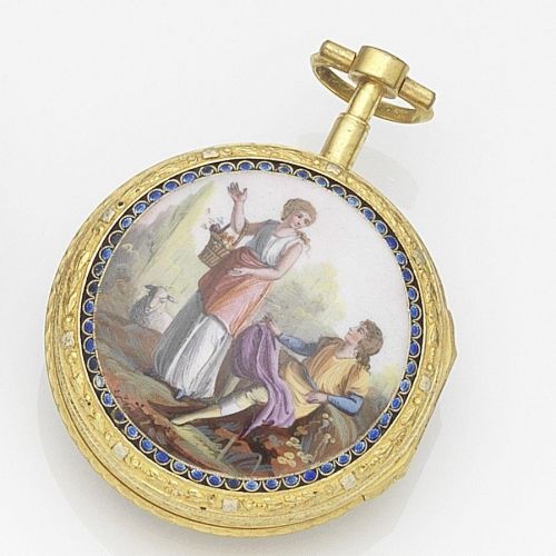Covelle Romilly, A Geneve. A continental gold key wind open face pocket watch with enamel decoration