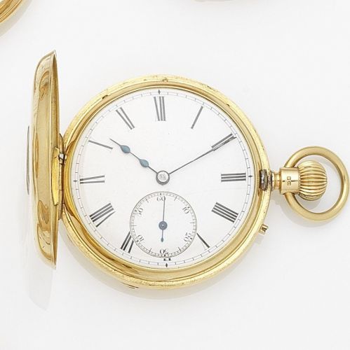 Hunt Roskell, London. An 18K gold keyless wind half hunter pocket watch