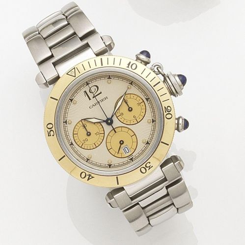 Cartier. A stainless steel and gold quartz calendar chronograph bracelet watch