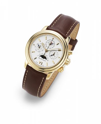 Blancpain. A fine 18K gold automatic perpetual calendar chronograph wristwatch with moon phase with box and paper