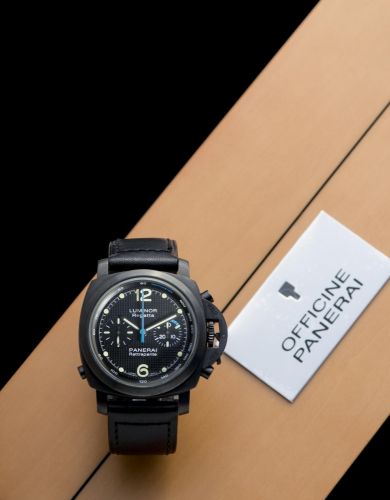 Panerai. A limited edition DLC coated stainless steel automatic split second chronograph wristwatch with box and papers