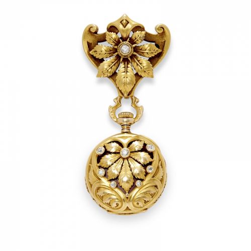 Agassiz. A fine 18K gold diamond-set fob watch and brooch