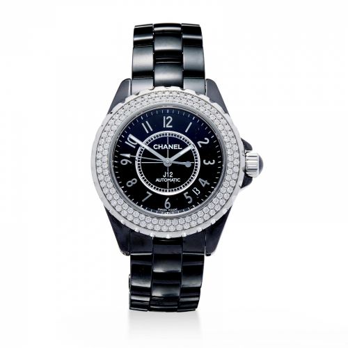 Chanel. A fine black ceramic and diamond automatic center seconds wristwatch with date
