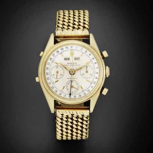 Rolex. A fine and rare 18K gold manual wind 'Jean Claude Killy' triple calendar chronograph bracelet watch
