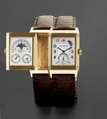 Jaeger-LeCoultre. A limited edition 18k rose gold manual wind perpetual calendar dual-dial reversible wristwatch with day/night indication and moon phase
