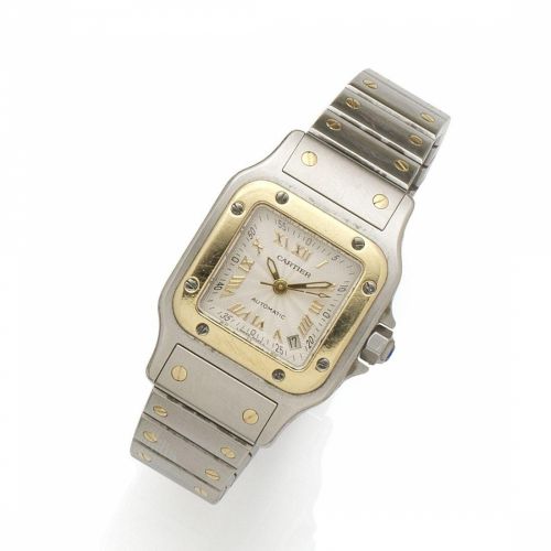 Cartier. A lady's stainless steel and gold automatic calendar bracelet watch