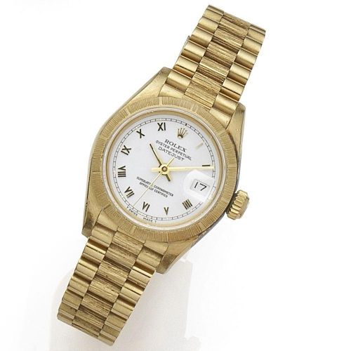 Rolex. A lady's 18K gold automatic calendar bracelet watch