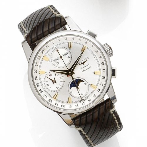 Longines. A stainless steel automatic triple calendar chronograph wristwatch with moon phase