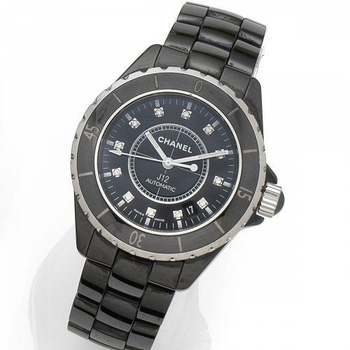 Chanel. A ceramic and diamond set automatic calendar bracelet watch
