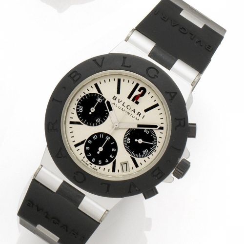 Bulgari. An aluminium and rubber automatic calendar chronograph bracelet watch