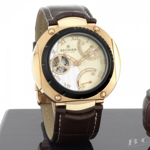 Regnier. A rose gold plated manual wind calendar wristwatch with power reserve