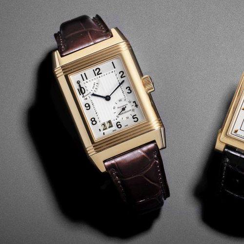 Jaeger-LeCoultre. A rectangular 18K rose gold manual wind calendar reversible wristwatch with 8-day power reserve