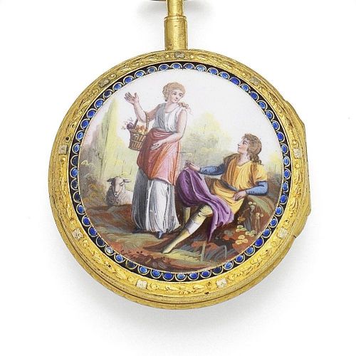 Covelle Romilly, A Genève. A gilt metal key wind open face pocket watch with enamel decoration