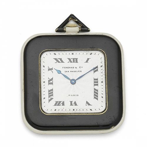 Verger. A gilt metal and black and white enamel cushion form keyless wind open face pocket watch