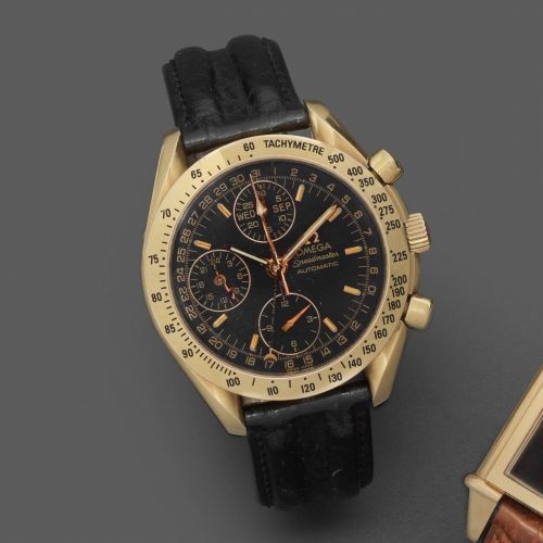 Omega. An 18K rose gold automatic triple calendar chronograph wristwatch