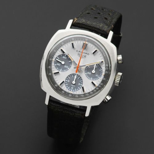Heuer. A stainless steel manual wind cushion form chronograph wristwatch