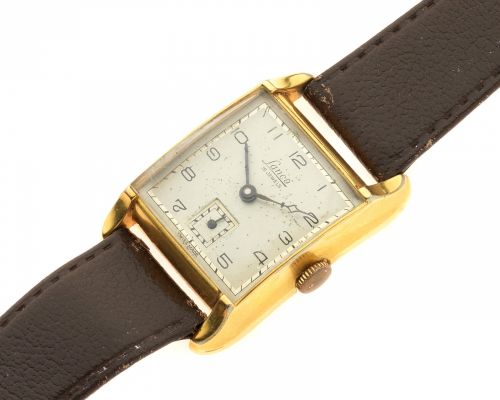 Laco. A gold plated and stainless steel manual wind square form wristwatch