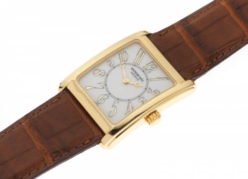 Raymond Weil. An 18K gold plated manual wind rectangular wristwatch