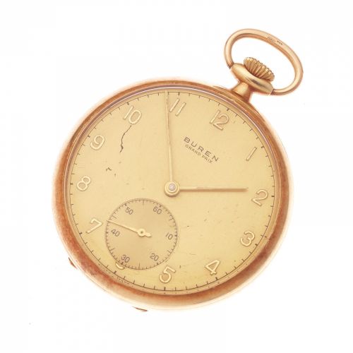 Buren. A 14K gold keyless wind open face pocket watch