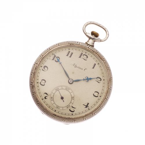 Alpina. A silver keyless wind open face pocket watch