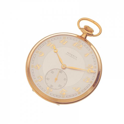 Moeris. A 14K gold keyless wind open face pocket watch