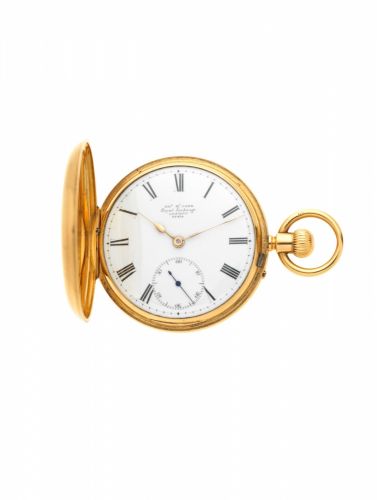 James McCabe, Royal Exchange, London. An 18K gold keyless wind half hunter pocket watch