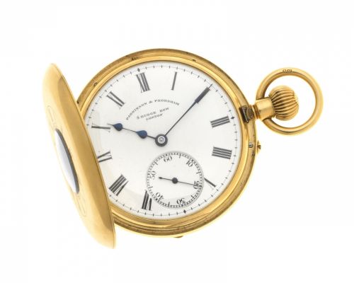Parkinson Frodsham, 5 Budge Row, Cannon St, London. An 18K gold keyless wind half hunter pocket watch