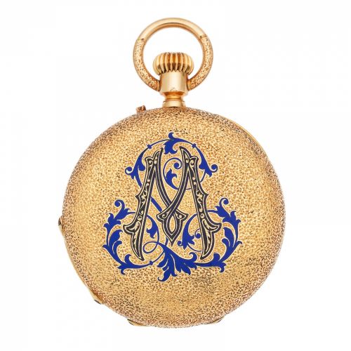Henry Capt, Geneve. An 18K gold and enamel decorated keyless wind half hunter pocket watch